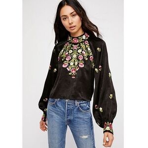 Free People Black Floral Embroidered Blouse